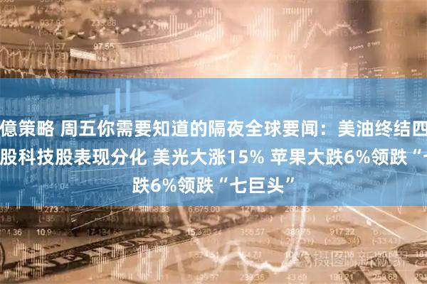 億策略 周五你需要知道的隔夜全球要闻：美油终结四连跌 美股科技股表现分化 美光大涨15% 苹果大跌6%领跌“七巨头”